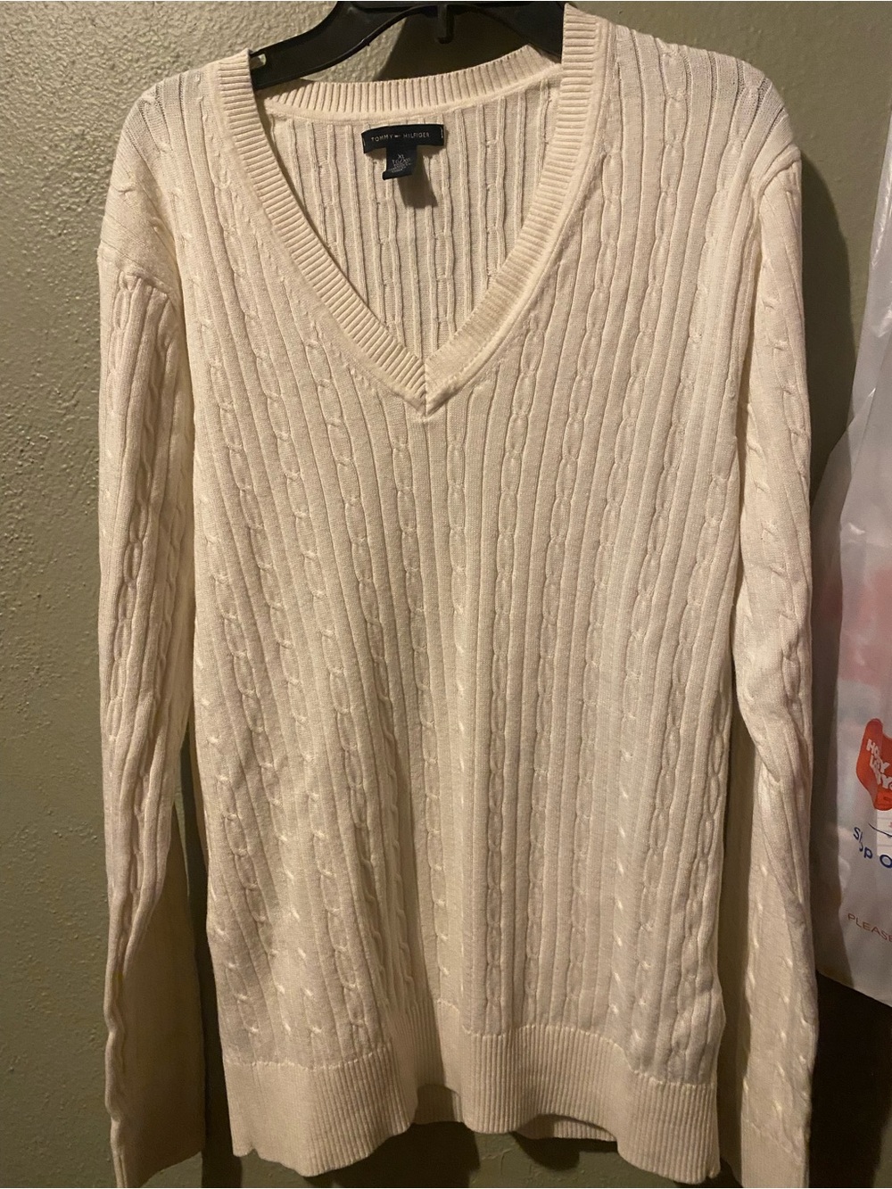 Tommy Hilfiger Ivory Cable V-Neck Sweater